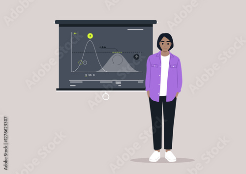 A person stands confidently beside a vibrant infographic showcasing data on flattening the curve, emphasizing the significance of understanding strategies during a critical time