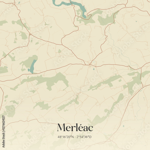 Vintage map of Merléac, France.