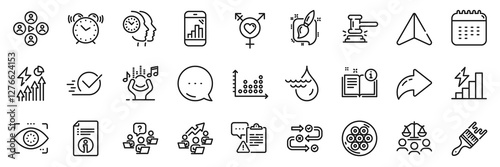Manual, Time management and Graph phone line icons pack. Share, Message, Paper plane icons. Cable section, Eye detect, Judge hammer web icon. Brush, Clipboard, Genders pictogram. Vector