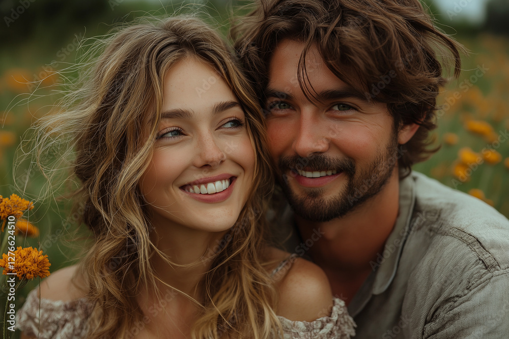 Fototapeta premium A candid shot of a couple laughing together outdoors, capturing a joyful and intimate moment of love and happiness in a natural setting.