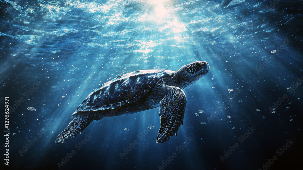 Obraz premium Majestic sea turtle swimming under sunlit ocean waters.