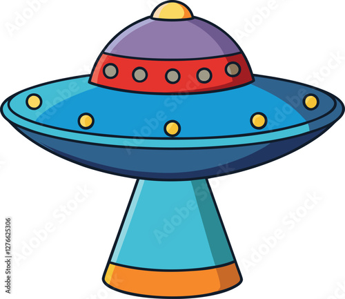 UFO vector illustration with flying saucer, space, alien spacecraft, futuristic design, cosmic travel, outer space, and unidentified flying object in a clean modern style.