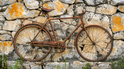 un paisaje retro vintage de un bicicleta antigua de metal vintage deteriorada recargada sobre un muro o pared de piedra diseño envejecido  photo