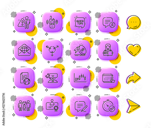 Genders, Web mail and Energy price line icons. App 3d buttons. Social media comment, share, like icons. Pack of Accounting, Partnership, Chat bubble icon. Vector