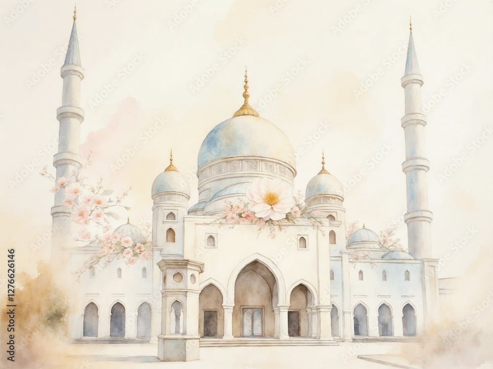 Fototapeta premium Watercolor Illustration of dreamy white beige mosque in pastel colors with blush pink flowers transluscent ethereal ramadan kareem eid mubarak greeting card blank design template wallpaper background