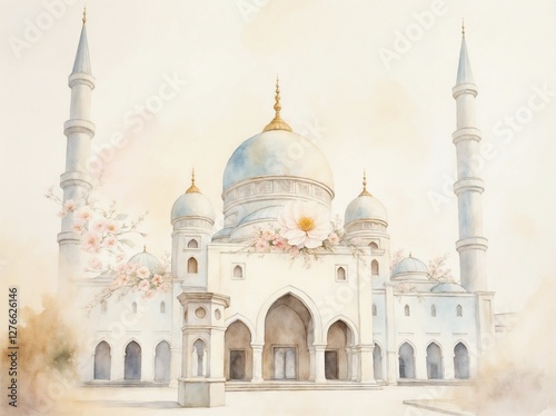 Wallpaper Mural Watercolor Illustration of dreamy white beige mosque in pastel colors with blush pink flowers transluscent ethereal ramadan kareem eid mubarak greeting card blank design template wallpaper background Torontodigital.ca