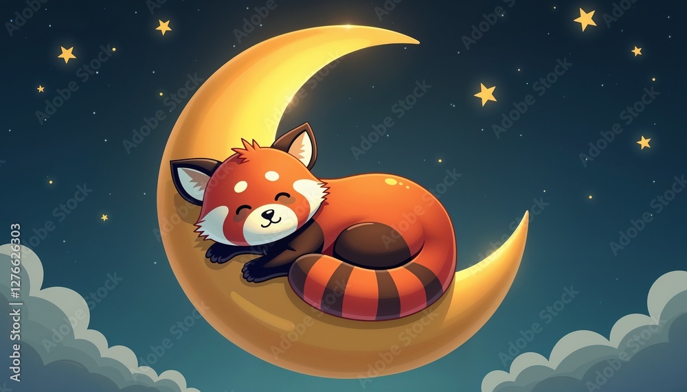 Fototapeta premium Sleeping red panda curled up on a crescent moon with stars and clouds in a dreamy night sky
