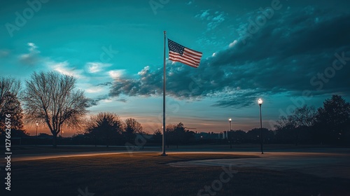 American Flag at Dusk: A Serene Evening Landscape