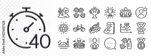 Sports arena, Dumbbells and Victory line icons for web app. Glare of light effect. Message icon. Pack of Best rank, Best friend, Yoga balance pictogram icons. Vector