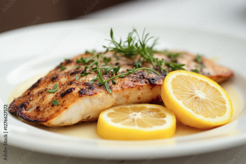 close up grilled fish fillet with lemon slices on a white plate, served in a restaurant close up grilled fish fillet with lemon slices on a white plate, served in a restaurant