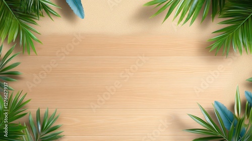 Tropical Palm Leaves on Wooden Background Summer Design