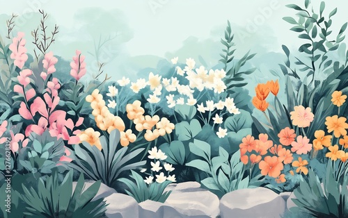 quiet garden with blooming flowers
