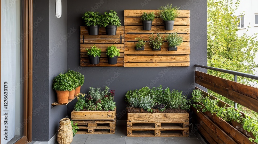 A serene balcony garden featuring wooden pallets adorned with vibrant plants.