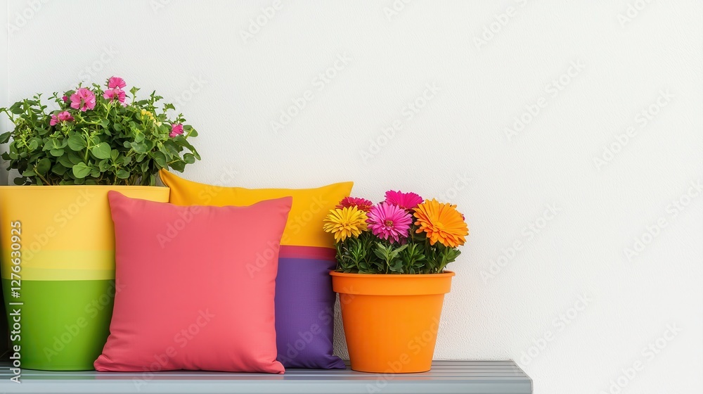 Colorful flower pots and cushions arranged on a shelf against a bright wall.