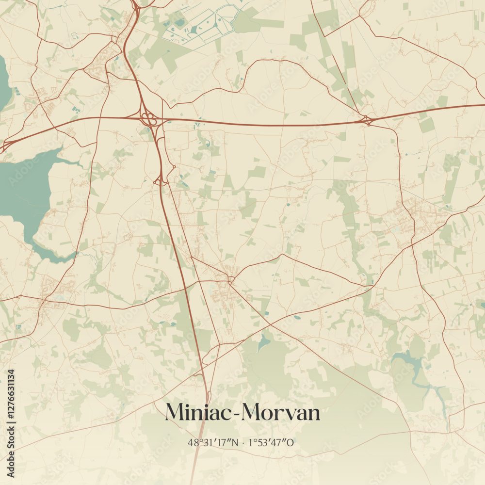 Fototapeta premium Vintage map of Miniac-Morvan, France.