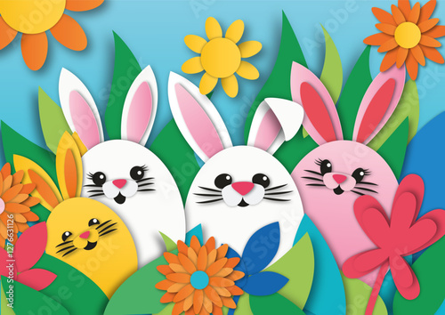 Vector illustration in paper cut-out style featuring a cute Easter bunny family in a green meadow surrounded by brightly colored wildflowers. Stylized, layered shapes create a handcrafted effect. 