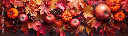 A vibrant autumn arrangement featuring colorful leaves, pumpkins, and apples, embodying the essence of fall.