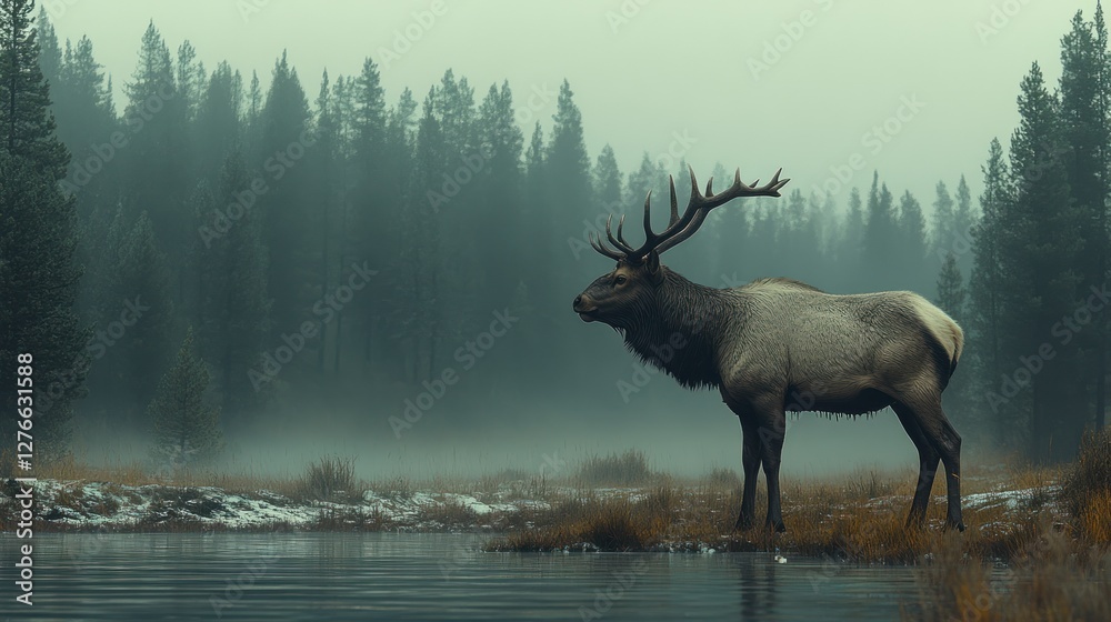 Majestic Elk by Misty Forest Stream Majestic Elk by Misty Forest Stream