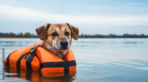 Dog swimming is safer with a water-friendly life jacket. A dog wearing an orange life jacket swims in calm water, showcasing a serene landscape under a cloudy sky.