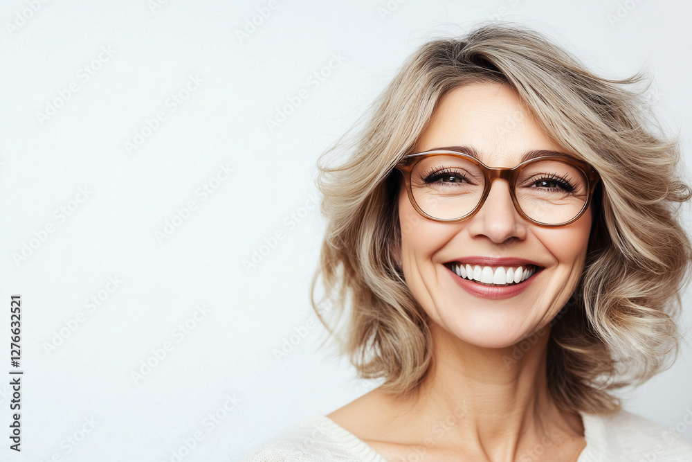 Portrait of a beautiful mature woman over 40 y.o, smiling with clean white teeth. To advertise dentistry or ophthalmology. A woman with glasses and a stylish hairstyle Portrait of a beautiful mature woman over 40 y.o, smiling with clean white teeth. To advertise dentistry or ophthalmology. A woman with glasses and a stylish hairstyle