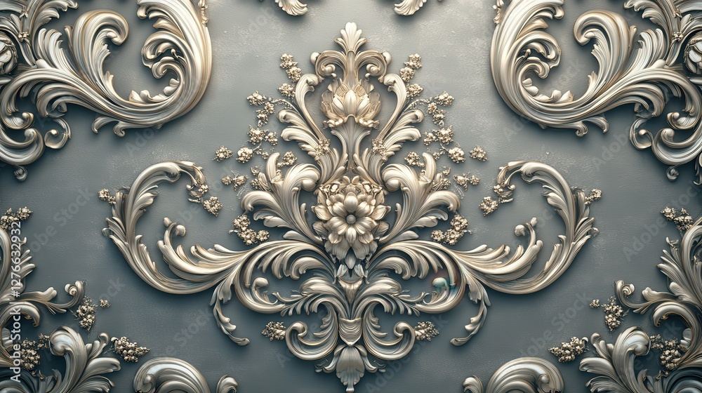 Ornate baroque floral patterns on gray background with intricate swirls and detailed embellishments Ornate baroque floral patterns on gray background with intricate swirls and detailed embellishments