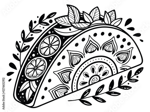 Black and white illustration, stylized taco, decorative patterns, botanical elements, citrus slices, abstract design, intricate details, folk art style, whimsical food art, line drawing,
