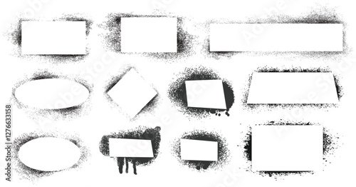 Set of hand drawn spray paint frames for text box. Airbrush ink dot banner. Grunge background. Vector isolated illustration.