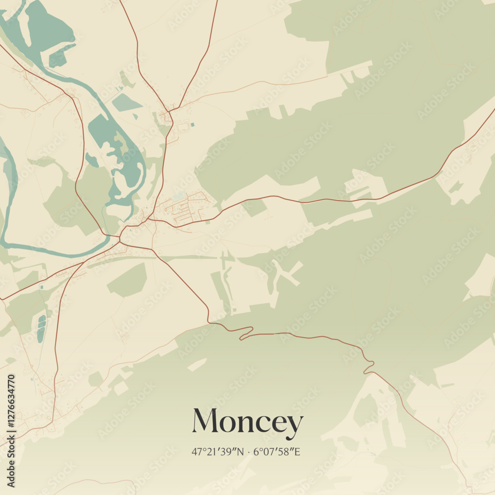 Obraz premium Vintage map of Moncey, France.