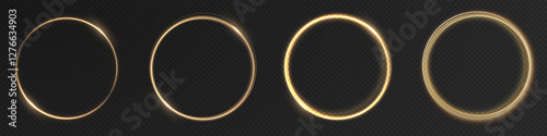 Round golden sparkling frame with glowing light effects, isolated on a black background. A luxurious vector illustration featuring a shimmering gold ring with sparkles and radiant reflections