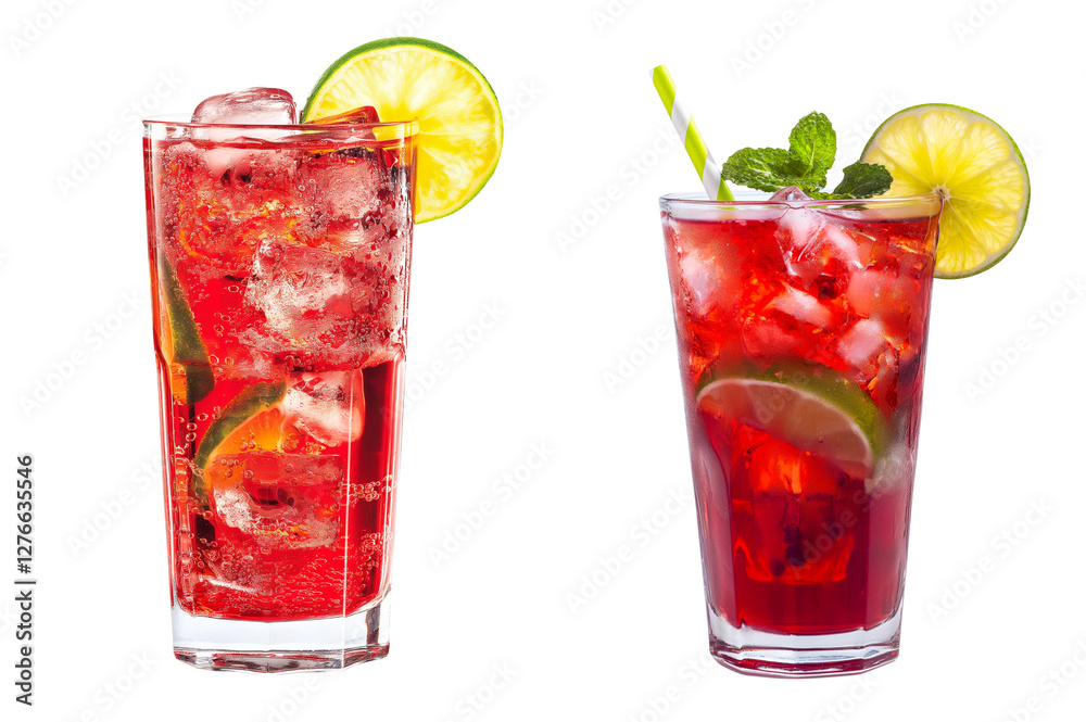 Red cocktail with lime isolated on white or transparent background, cutout PNG Red cocktail with lime isolated on white or transparent background, cutout PNG
