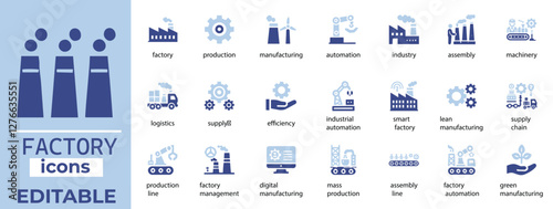 High quality factory vector icons for industrial, manufacturing, and production designs. Fully editable and scalable