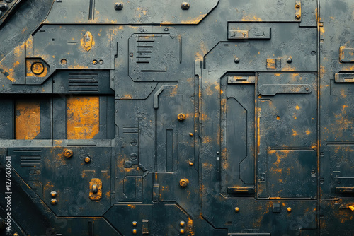 A weathered metallic panel with a futuristic design, featuring dark grey and gold accents. photo
