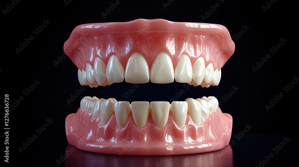 Obraz premium Realistic denture model with upper and lower sets on black background
