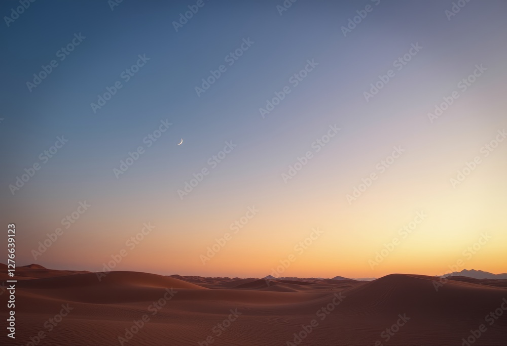 Desert sands bathed in the soft glow of a crescent moon Desert sands bathed in the soft glow of a crescent moon
