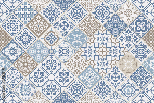 Seamless colorful patchwork. Hand drawn background. Azulejos tiles patchwork. Traditional ornate Portuguese and Spanish decorative tiles azulejos. Abstract background. Ceramic tiles. Vector
