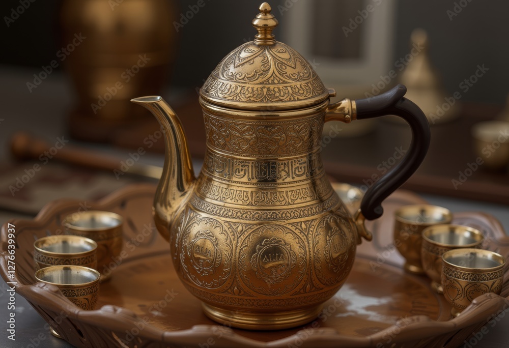 Intricate gold teapot with matching cups on a decorative tray Intricate gold teapot with matching cups on a decorative tray