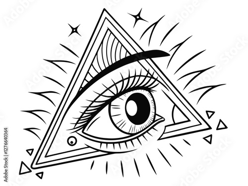 All-seeing eye, illuminati symbol, triangle, geometric design, black and white illustration, mystical, esoteric, rays of light, cosmic energy, occult imagery, detailed linework, radiant, supernatural,
