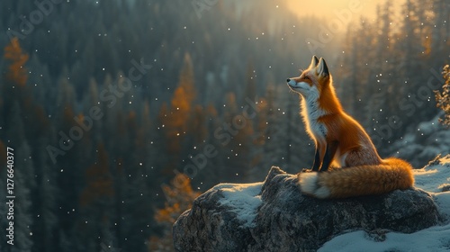 Majestic fox, snowy mountaintop sunrise, winter forest