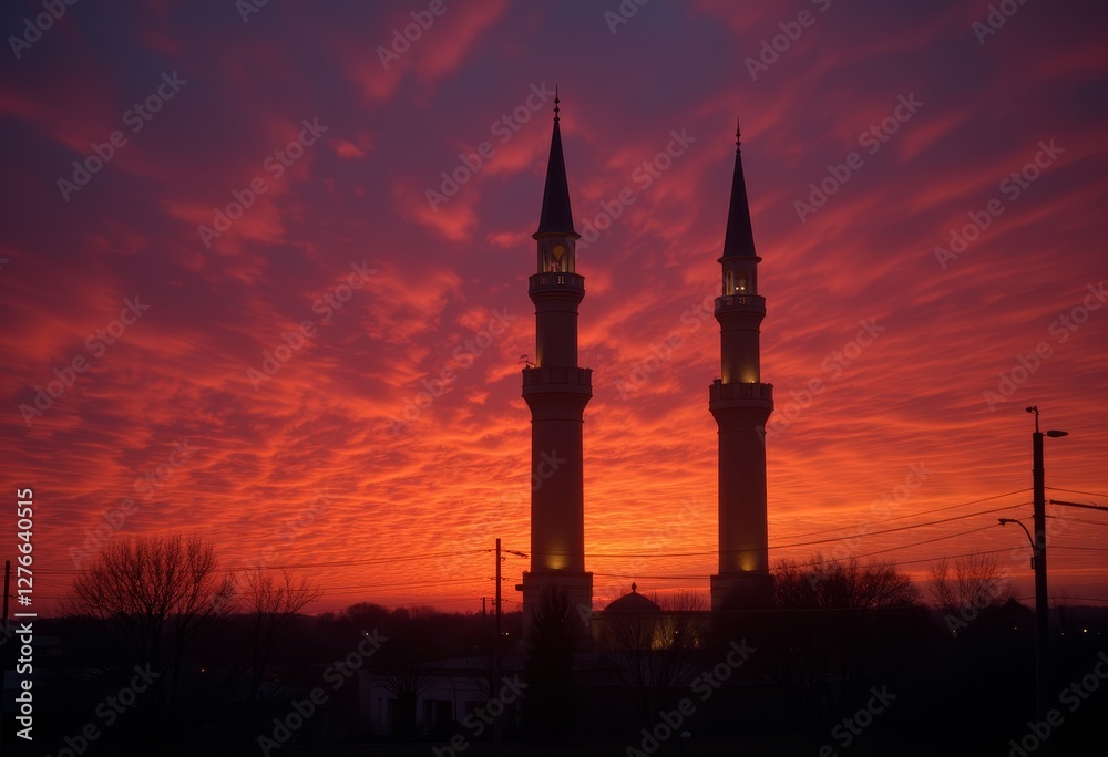 Obraz premium Twin minarets standing tall against a fiery red sky
