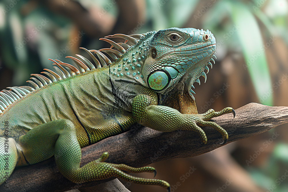 Fototapeta premium A close-up of a small green iguana perched on a branch, its vibrant