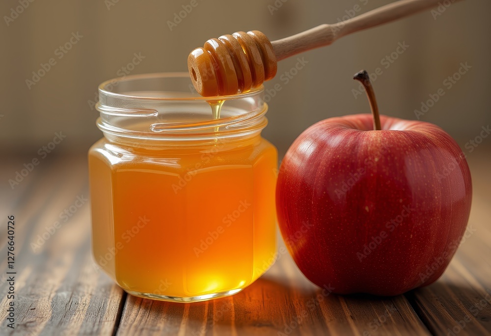 Honey dripping from a dipper next to a red apple Honey dripping from a dipper next to a red apple