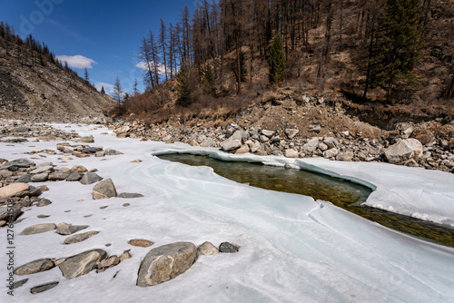 melted ice on a clear mountain river in spring