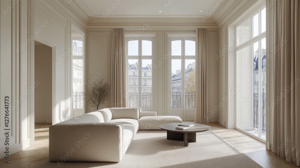 Elegant sunlit living room with large windows and modern beige furniture Elegant sunlit living room with large windows and modern beige furniture