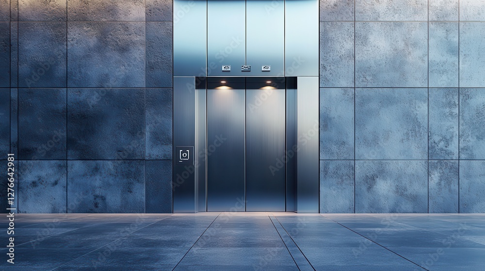 Modern stainless steel elevator in a sleek urban building hallway at dusk Modern stainless steel elevator in a sleek urban building hallway at dusk