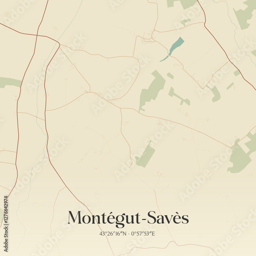 Vintage map of Montégut-Savès, France.