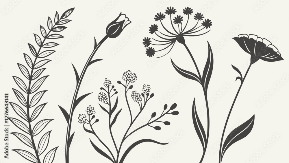 Fototapeta premium Botanical illustration, black and white ink drawings, wildflowers and plants, delicate line work, minimalist floral sketches, nature study, hand-drawn flora, vintage botanical print style, simple 