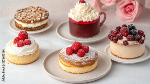 Wallpaper Mural A delightful assortment of elegant desserts featuring raspberry-topped cakes on soft plates Torontodigital.ca