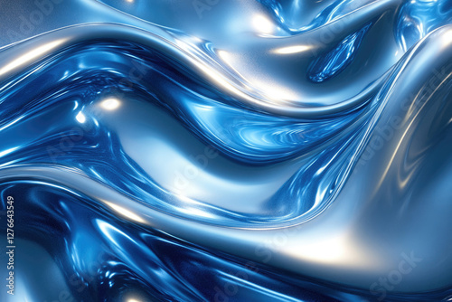 Abstract blue metallic liquid, flowing waves, glossy surface, 3D render.