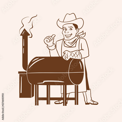 Cowboy Barbecue Chef with Smoker Grill Vector Illustration