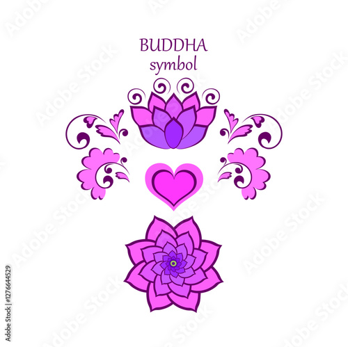 Buddha symbolic pink beautiful lotus flower, heart shape and Sahasrara crown chakra symbol for logo template, yoga, spa salon with floral decoration.eps